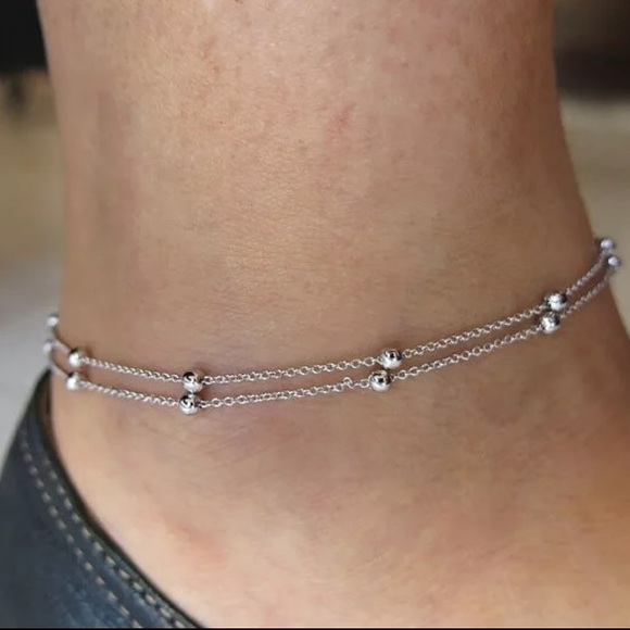 🔴𝟭𝟬/$𝟮𝟱🔴NEW 2 Layered Beaded Silver Chain Anklet - Picture 5 of 8